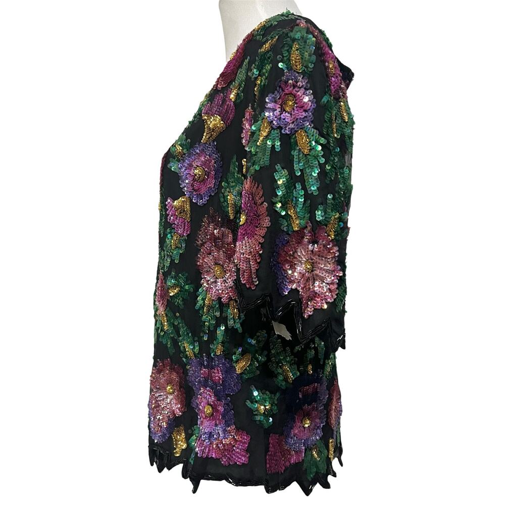 Laurence Kazar Vintage Women’s Silk Floral Sequin Beaded Top Short Sleeve Sz 1X - Picture 8 of 10
